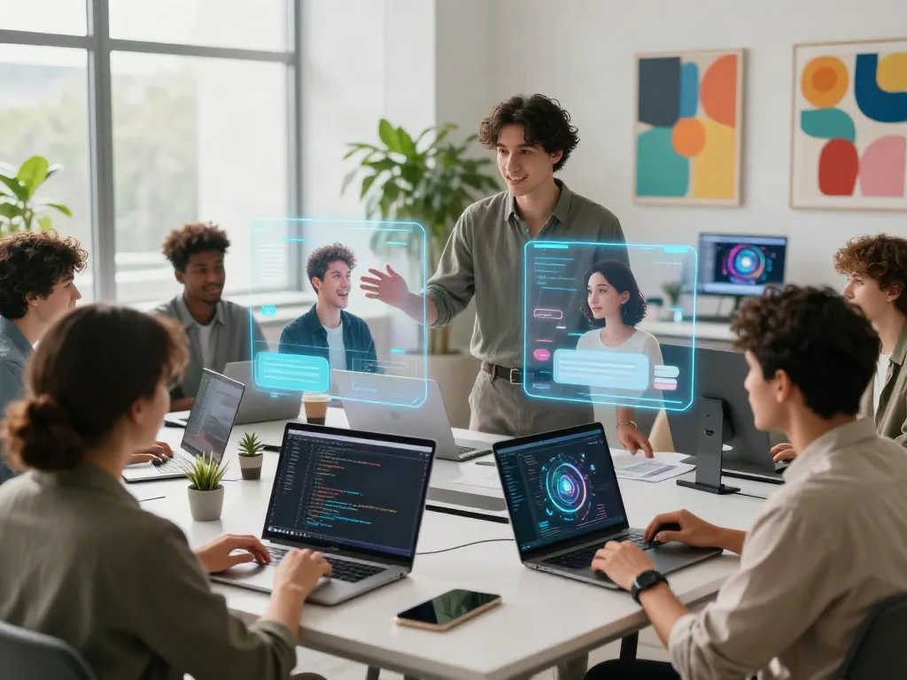 Diverse professionals collaborating with AI avatars in a modern workspace focused on juicy ai conversations.