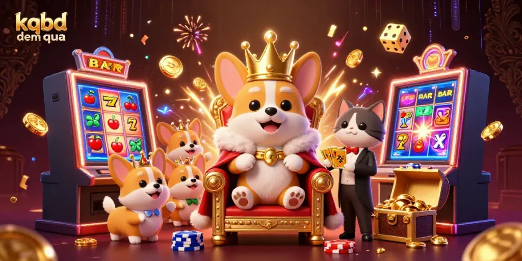Watch the exciting kqbd dem qua scene with a royal corgi surrounded by casino elements showcasing high-energy action and celebration.