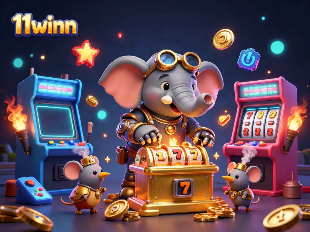 Experience thrilling gameplay at 11winn with an animated steampunk elephant operating a slot machine.