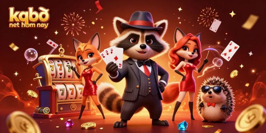 Experience kqbđ net hom nay with the dynamic raccoon, fox, and hedgehog in a vibrant casino scene.