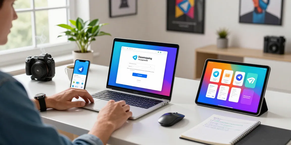 Download Telegram on multiple devices in a modern workspace showcasing digital connectivity.