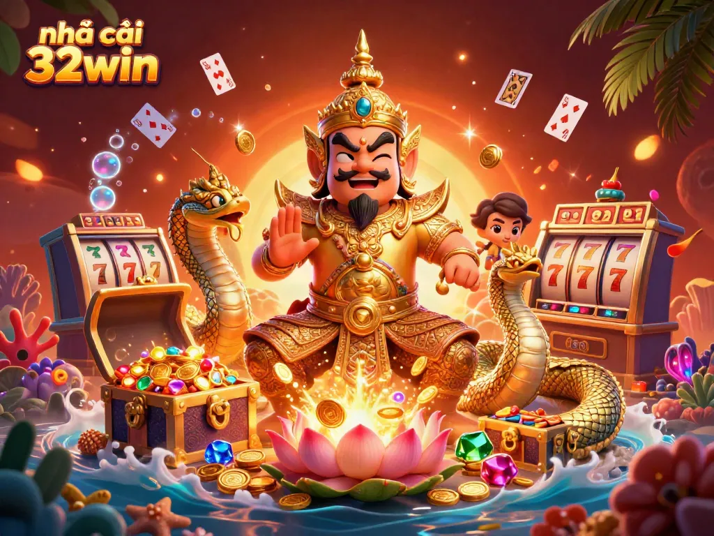 Engage with nhà cái 32win through thrilling jackpots and exciting slots amidst colorful 3D casino visuals.