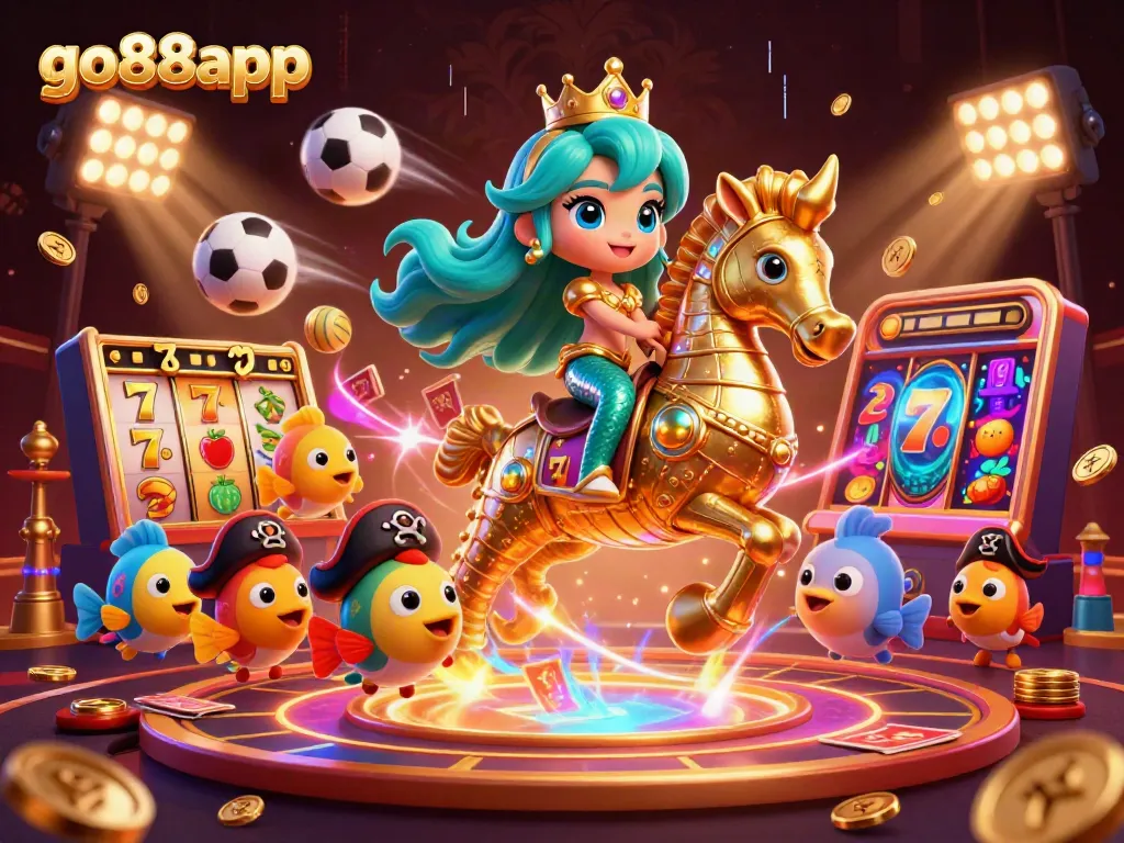 Experience the thrilling action of go88app with a vibrant 3D casino scene featuring a mermaid princess and seahorse.
