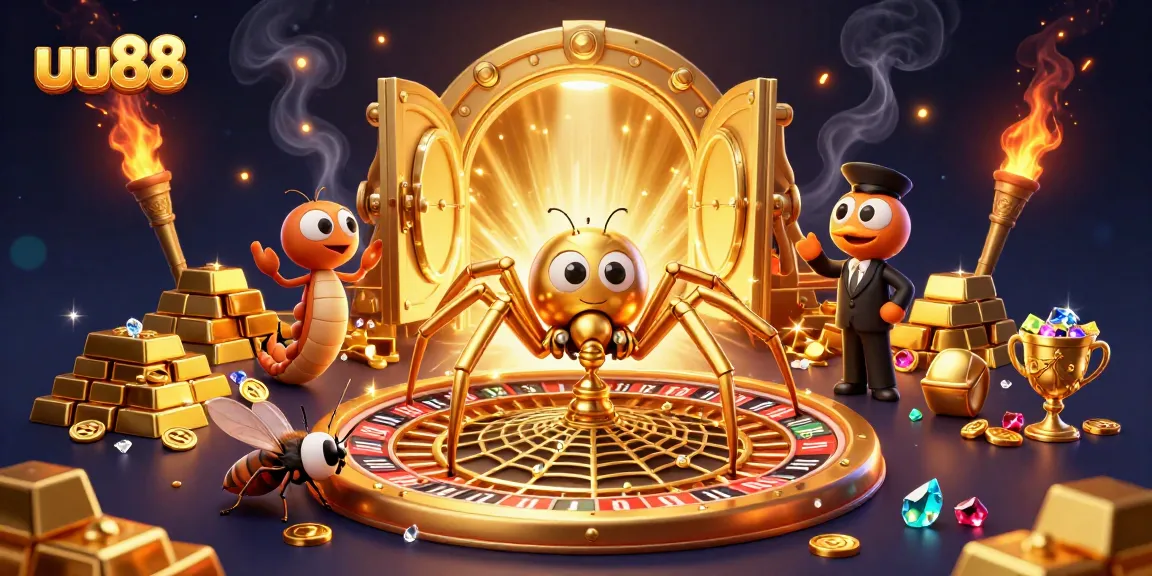 uu88 players spinning bets on a roulette-themed golden web created by a spider, showcasing a dynamic casino scene