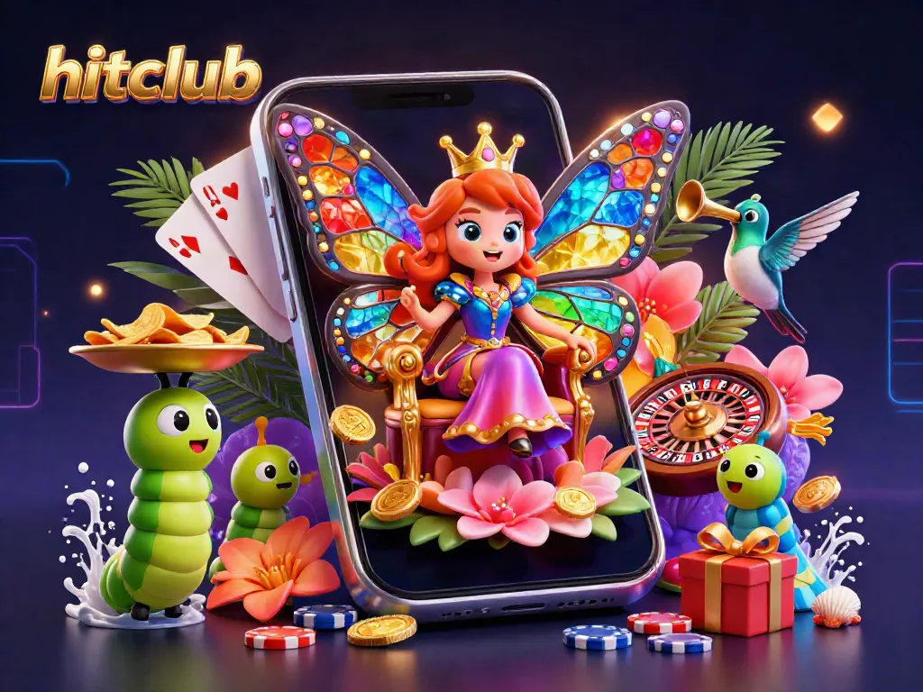 Hitclub's vibrant 3D casino scene with a colorful slot game and golden coins erupting.