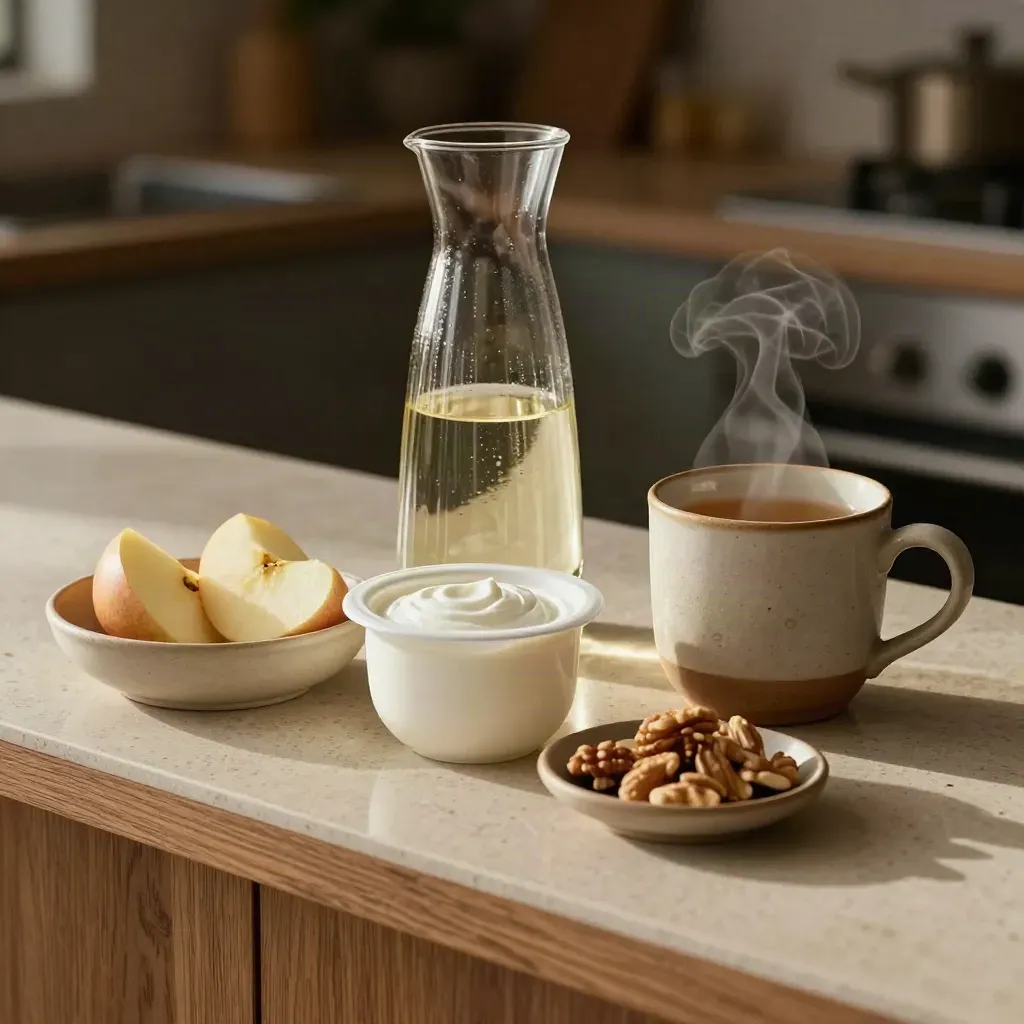 Rustig avond-snackstation met appelparten, yoghurt, kruidenthee en waterkaraf op travertin.