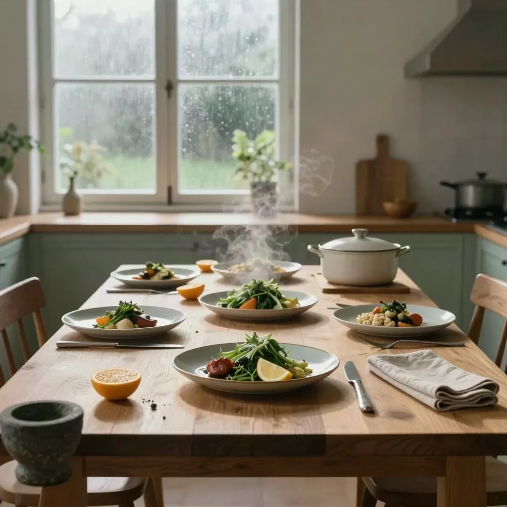 Teaching kitchen met gezonde borden, stoom, regenraam en stille tuin in ochtendmist.