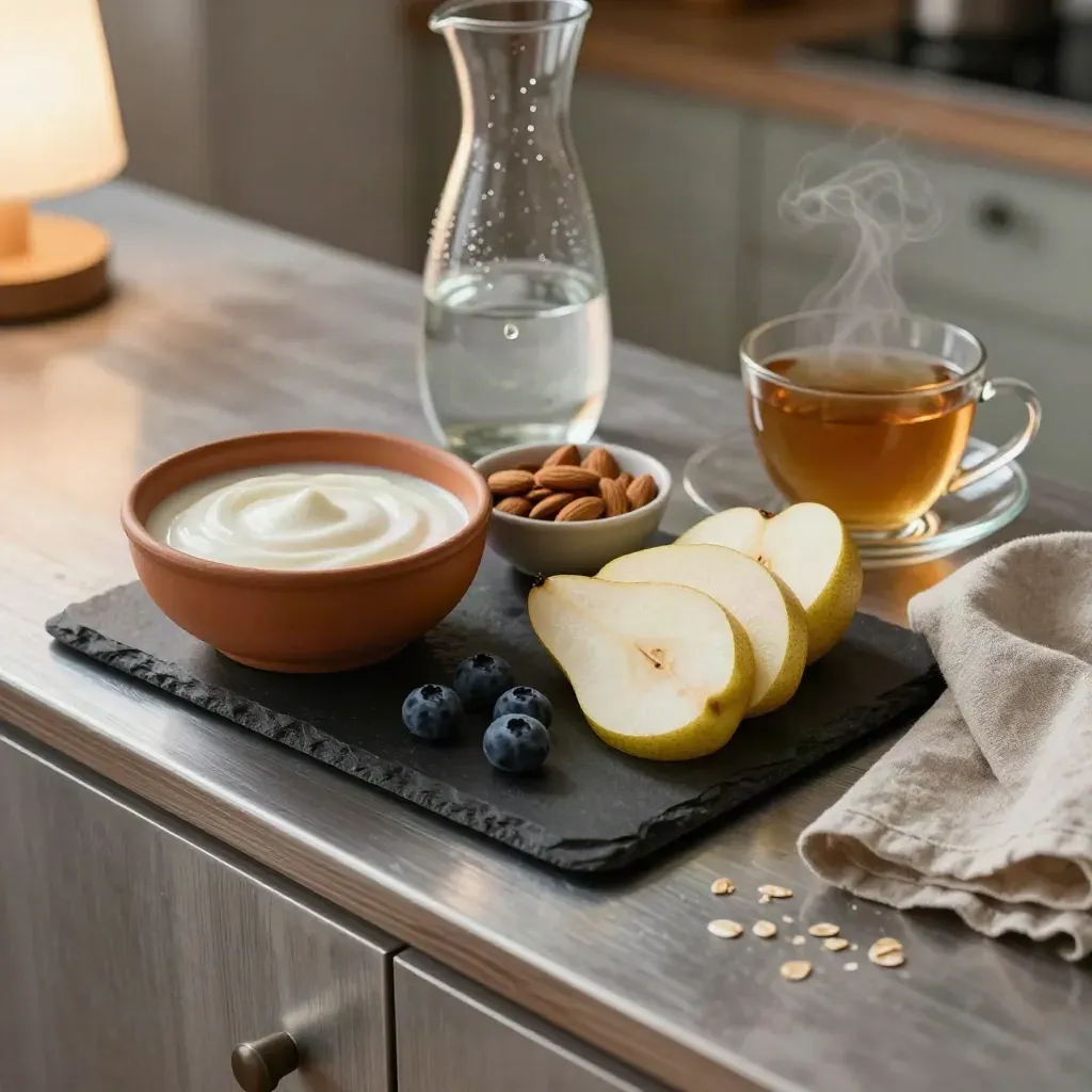 Avondelijke snackhoek met yoghurt, fruit, thee en waterkaraf in keramische schaaltjes.