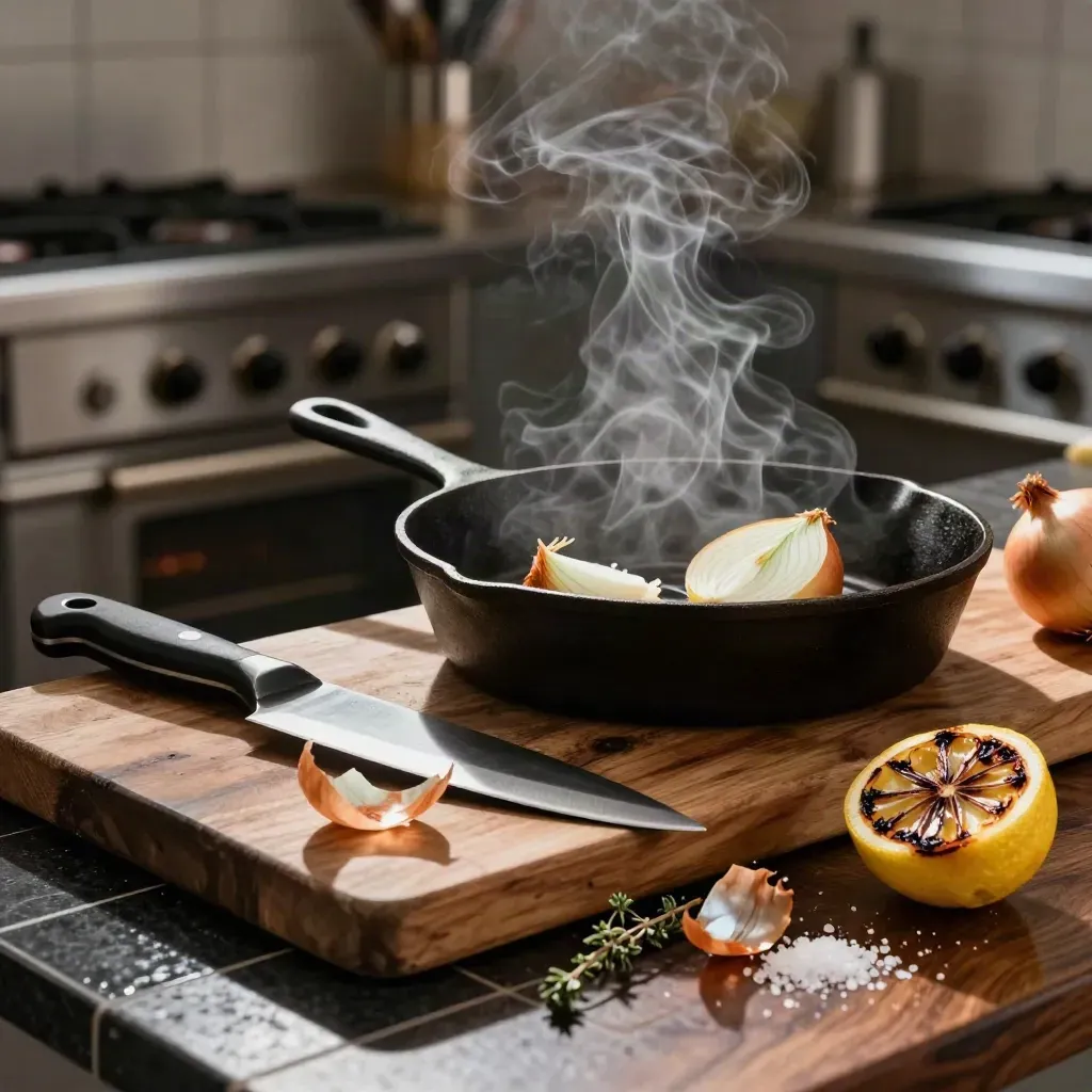 Gietijzeren pan met mes, uien en geroosterde citroen op houten plank in donkere keuken.