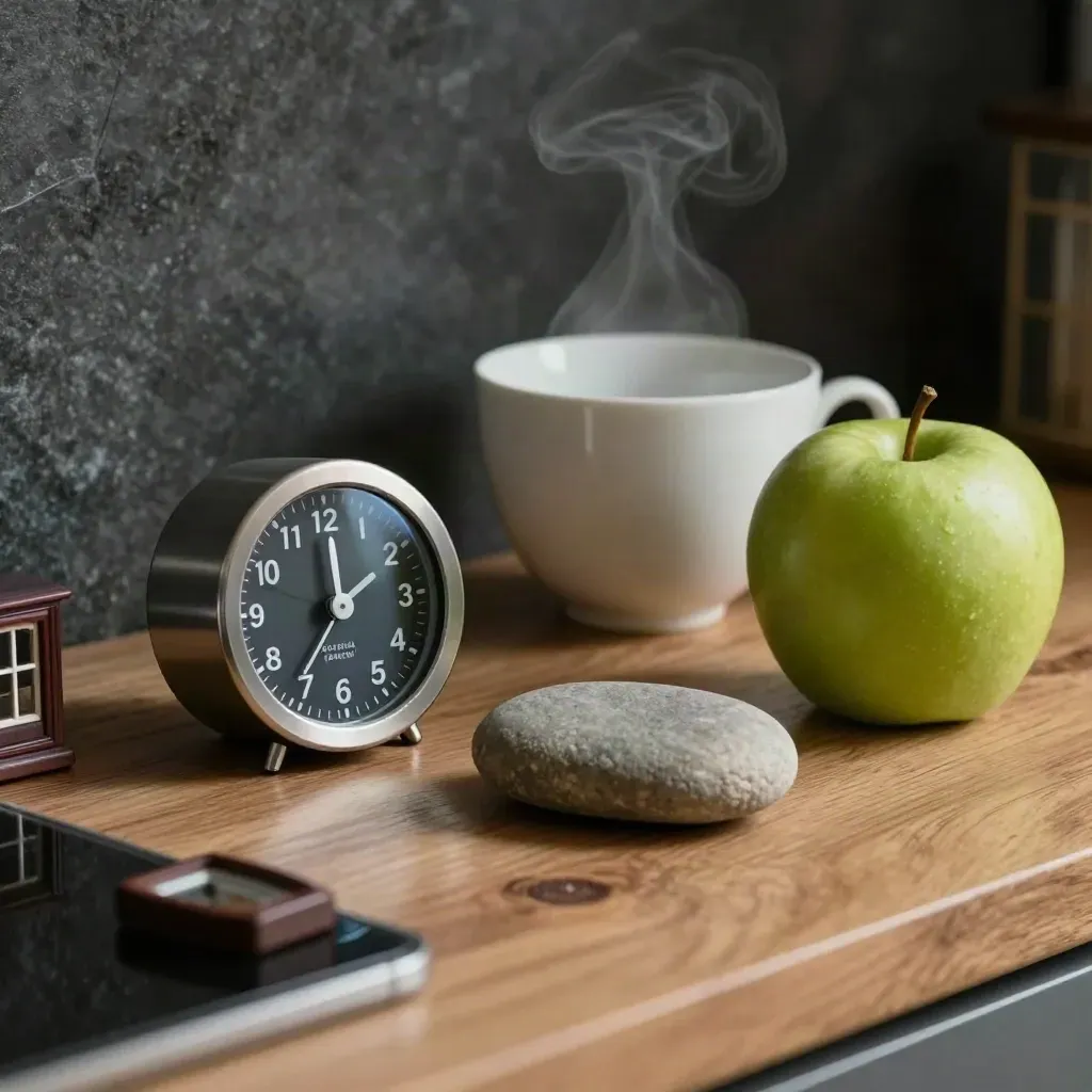Keukentimer, theekop, appel, steen en mini-ramen op een houten aanrecht in zacht licht.