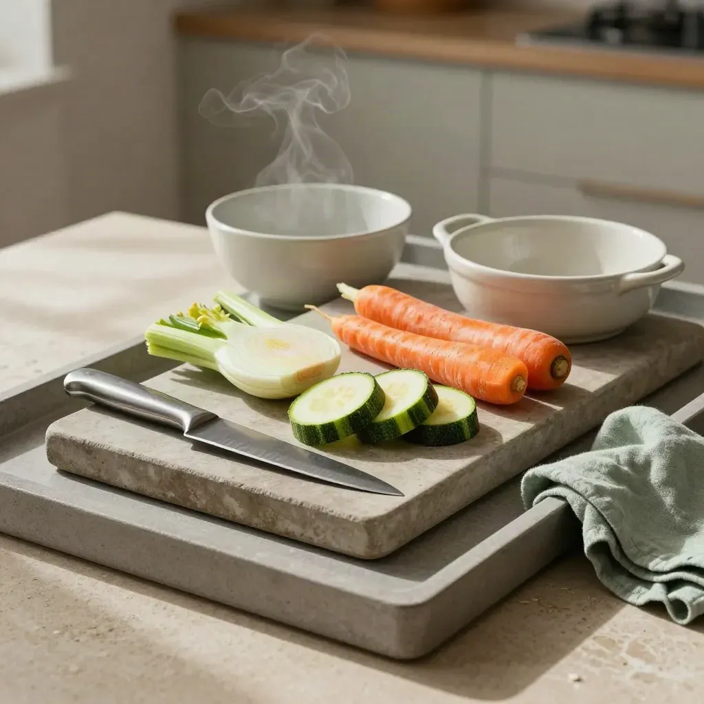 Snijplank met gehalveerde groenten, messen, kommen en ovenschaal op een stenen tray met sage doek