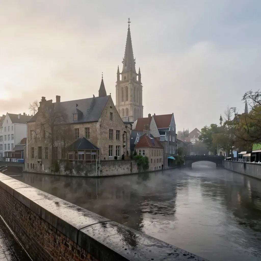 Utrechtse Dom boven mistige grachten en stille kades in de vroege ochtend