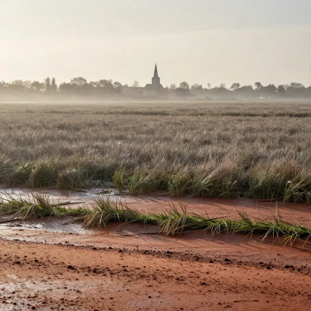Brede rivierlandschap met klei, riet en nat gras, verre kerktoren, zacht namiddaglicht