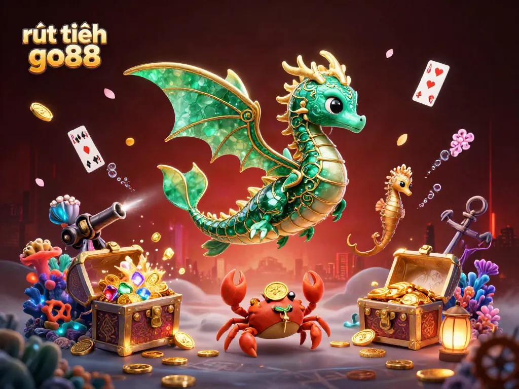 Experience rút tiền go88 as a sea dragon surrounded by treasure and games in an enchanting underwater scene.