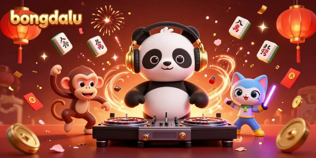 Experience the excitement of Bongdalu with a DJ panda, dancing monkey, and glowing kitten in a vibrant casino scene.