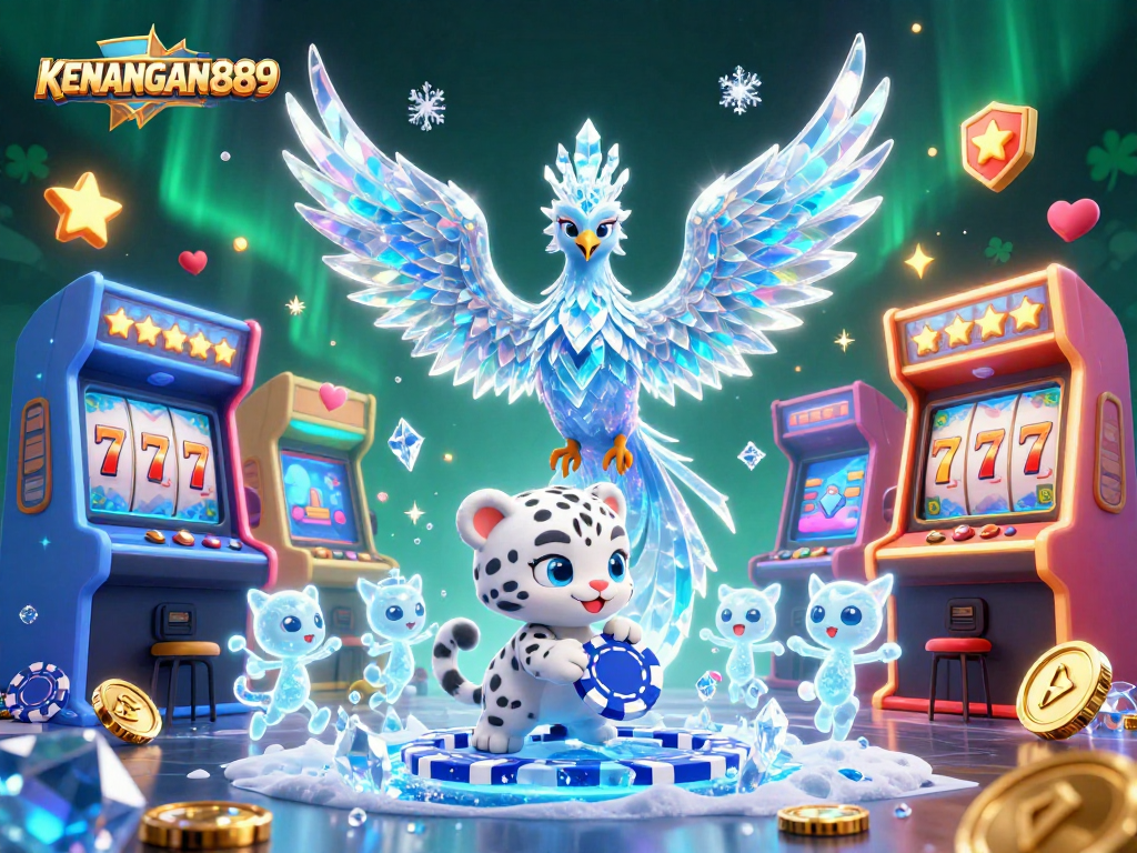 Experience exciting gaming action with KENANGAN889's vibrant illustration featuring a magical ice phoenix and engaging casino themes.