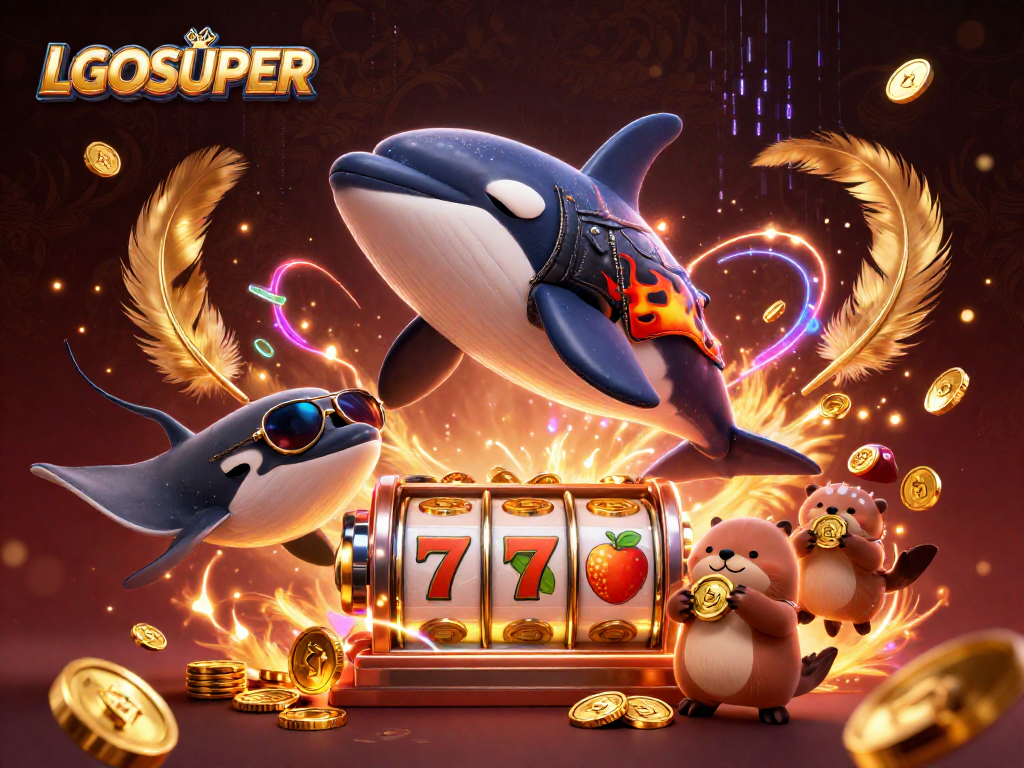 Experience excitement with LGOSUPER as an orca jumps in a vibrant casino scene filled with winning symbols.