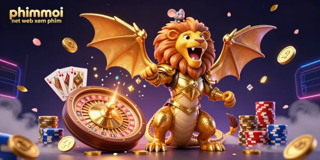 Experience phimmoi net web xem phim with a triumphant golden chimera, coins, and a spinning roulette.