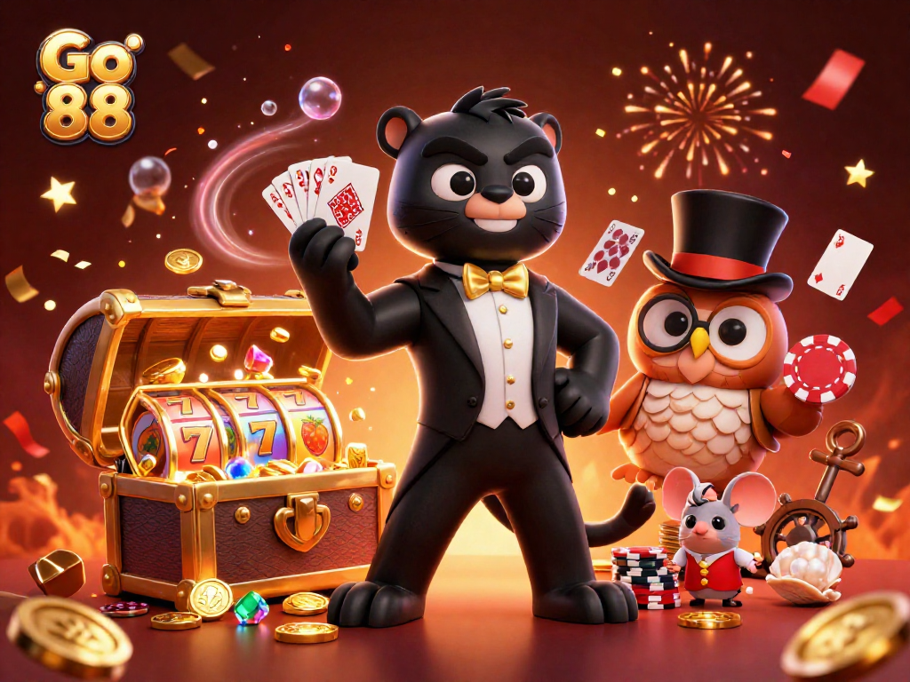 Engage with Go 88's vibrant casino experience featuring characters dealing cards amid floating slot reels.