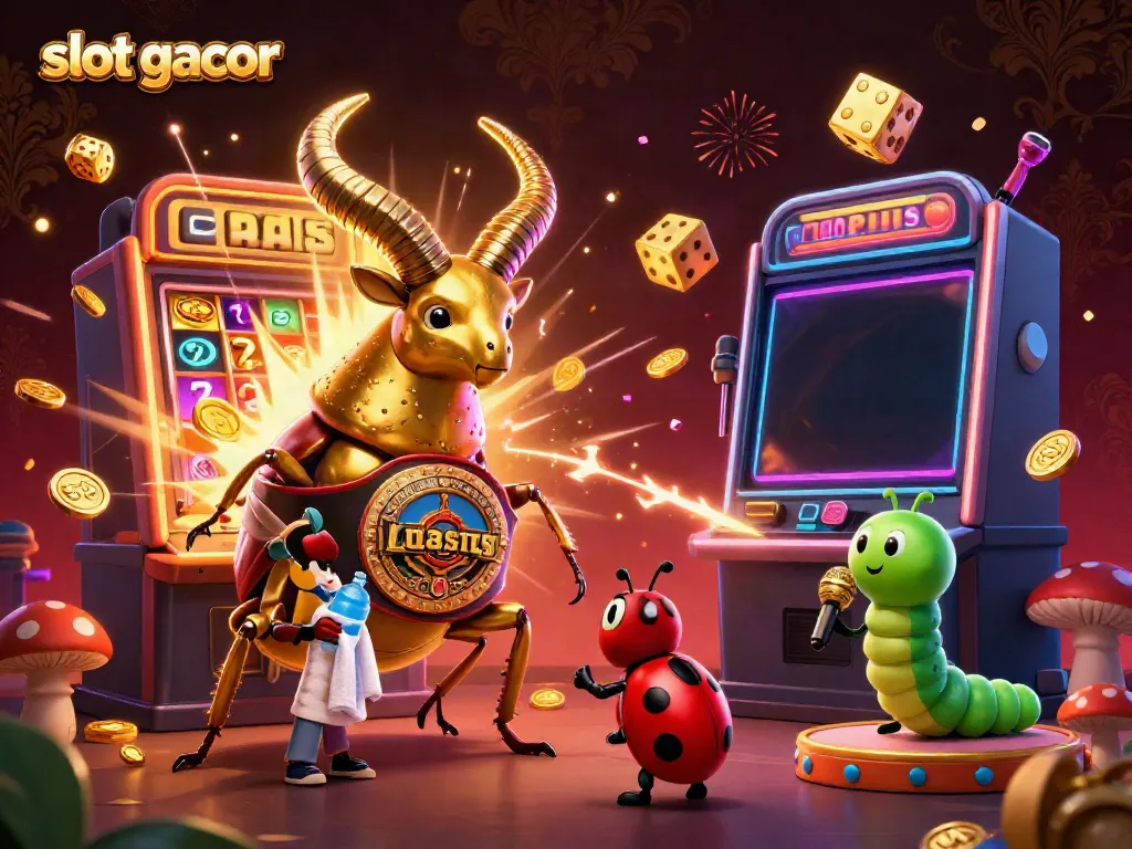 Experience the excitement of slot gacor with a giant golden stag beetle and engaging casino elements in a vibrant 3D illustration.