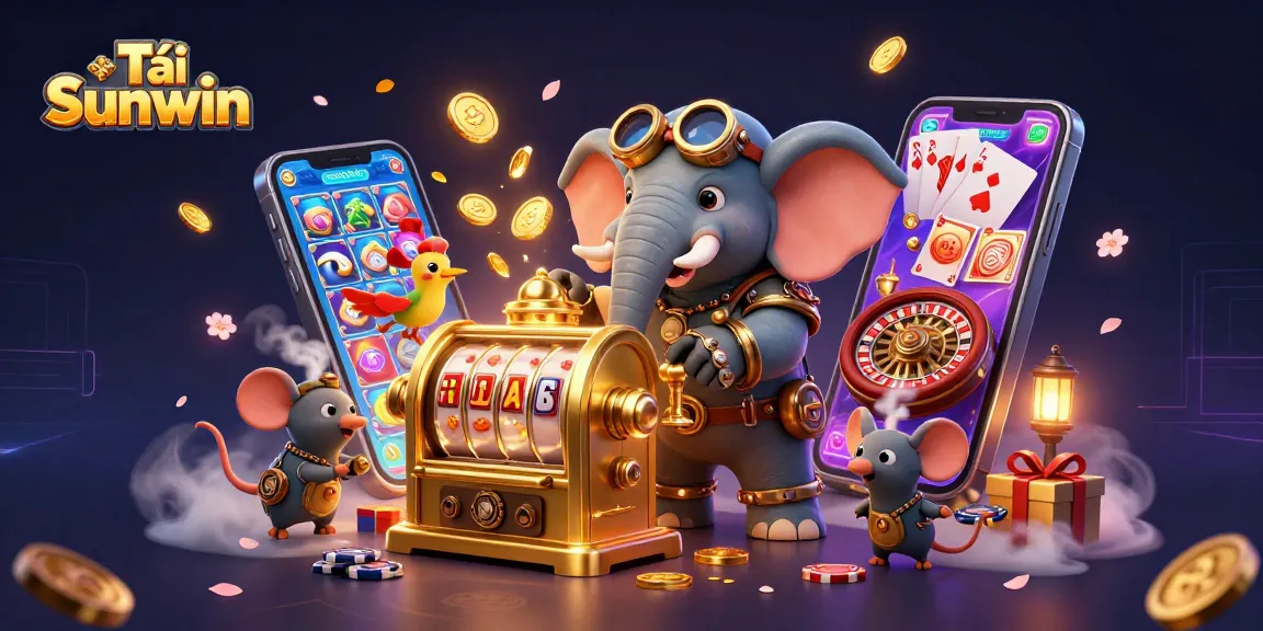 Tải Sunwin with steampunk elephant and vibrant casino elements showcasing gaming excitement.