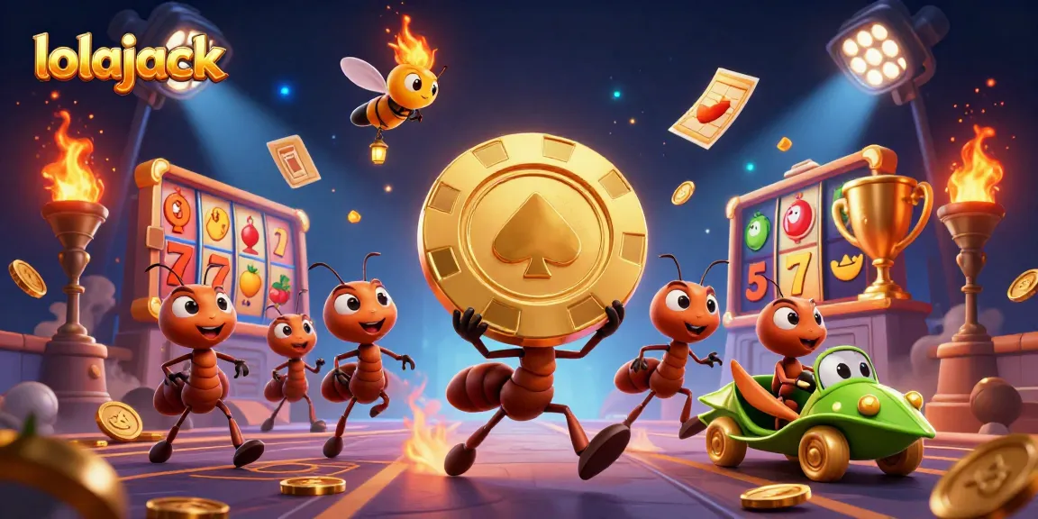 lolajack adventure featuring cartoon ants carrying a giant poker chip amidst slot game elements