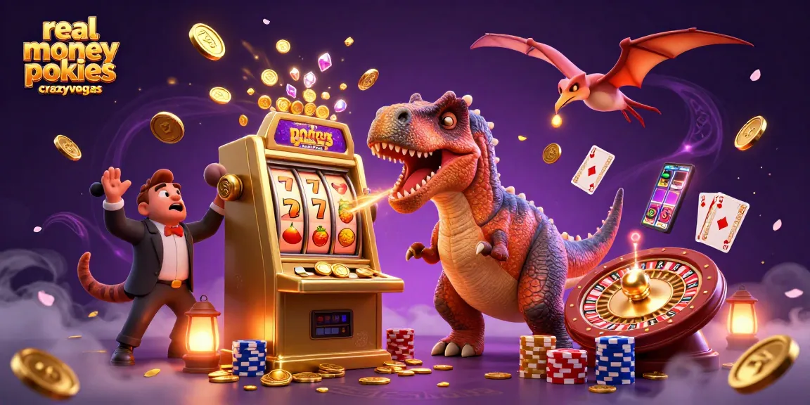 Catch the excitement of real money pokies crazyvegas with a dynamic illustration of a pachycephalosaurus and pteranodon at a casino.